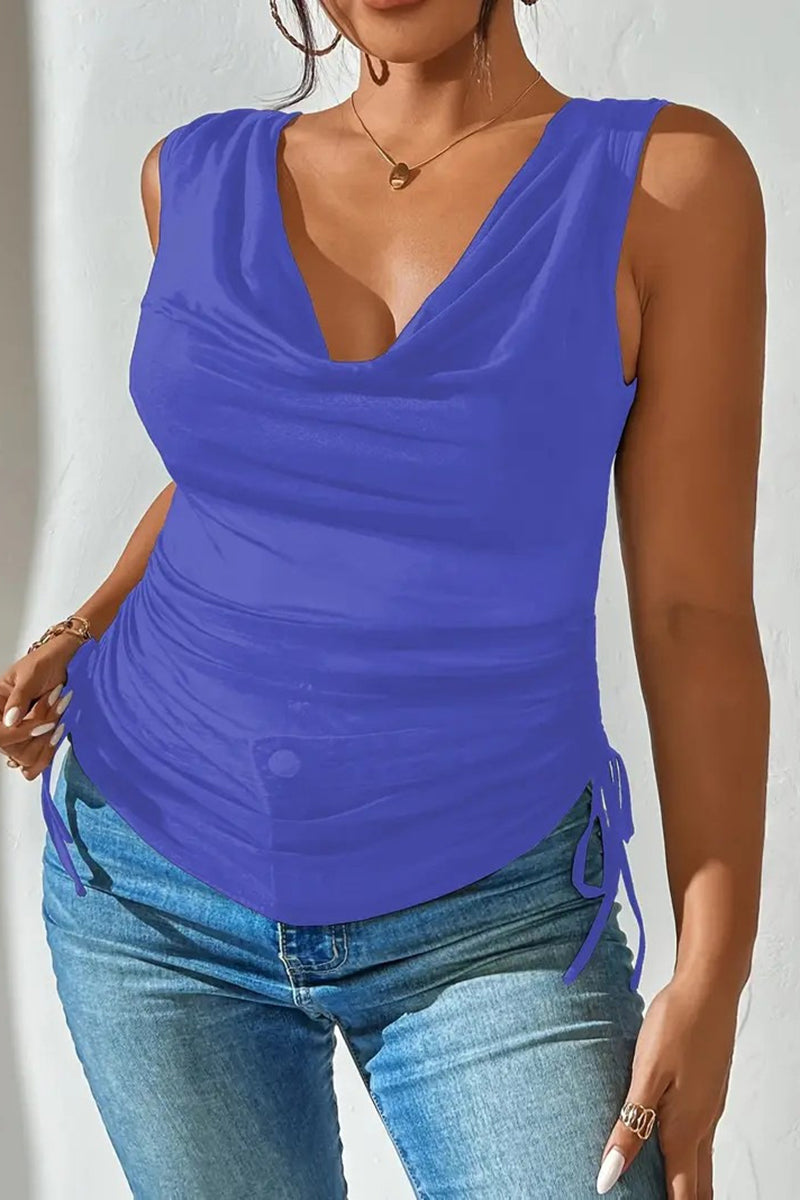 Draped V-Neck Mesh Ruched Tank Top