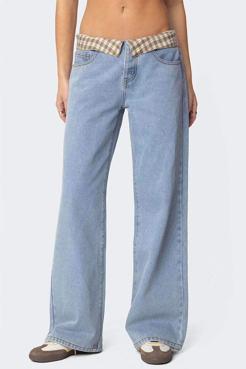 Foldover Waist Straight Denim Jeans