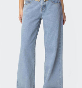 Foldover Waist Straight Denim Jeans