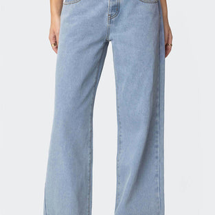 Foldover Waist Straight Denim Jeans