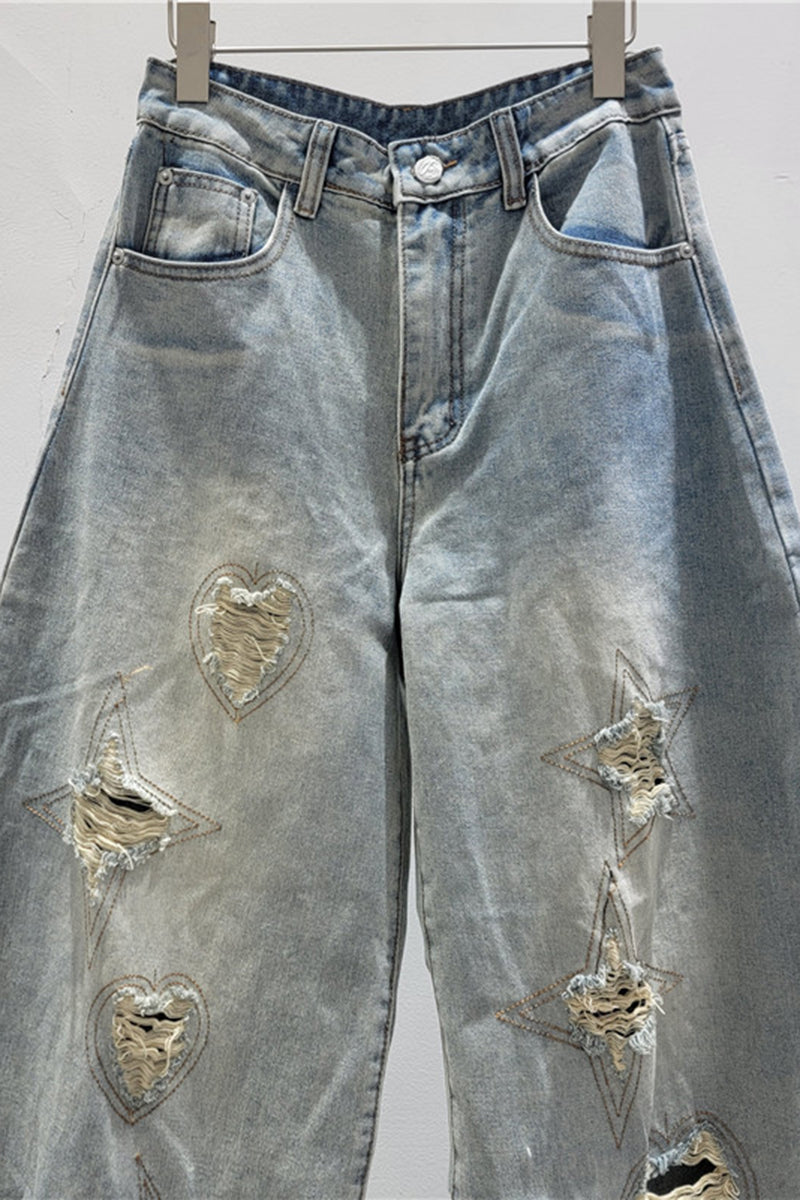 Distressed Heart and Star Barrel Jeans