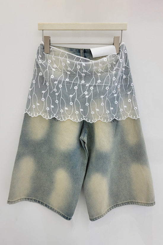 Lace-Trimmed Denim Shorts