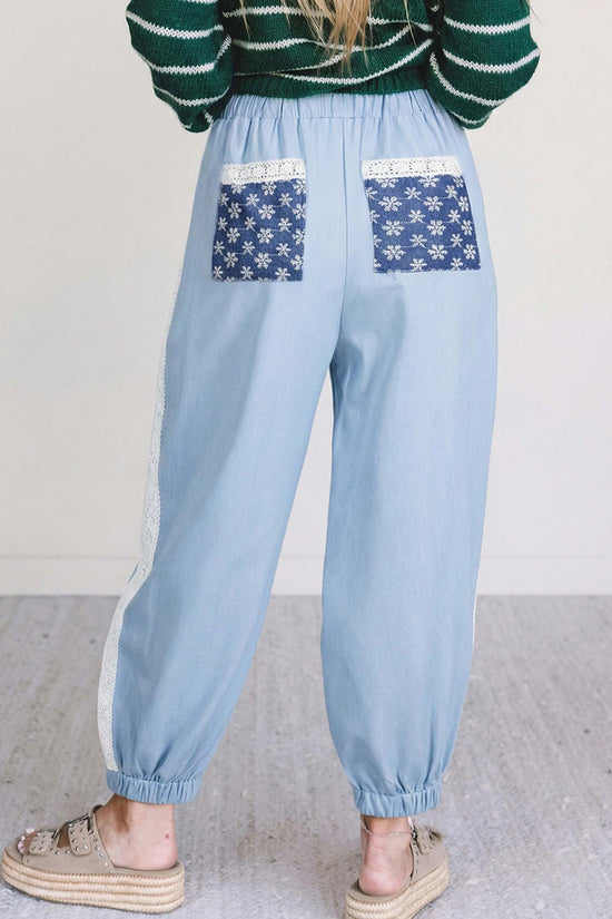 Lace Accent  Patched Pleated Wide Leg Pants