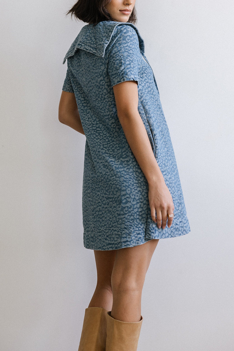 Animal Print Denim Dress with Collar