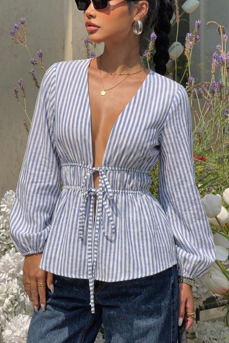 Striped Deep V-Neck Peplum Blouse
