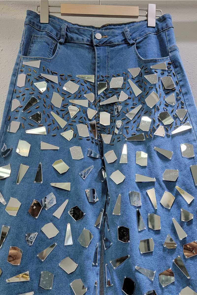 Reflective Straight Denim Jeans