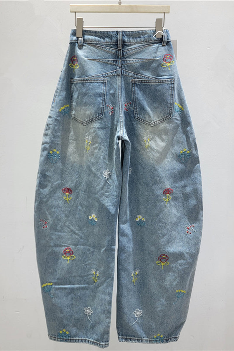 Floral Motif Barrel Jeans
