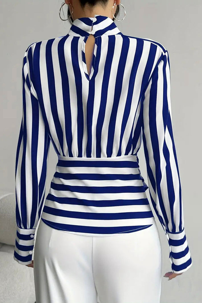 Striped Wrap Long Sleeve Blouse