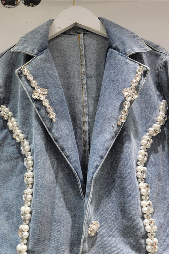 Embellished Denim Jacket with Pearls