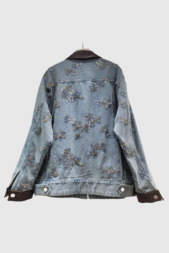 Embellished Denim Jacket with Contrast Collar