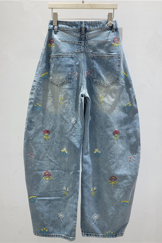 Floral Motif Barrel Jeans