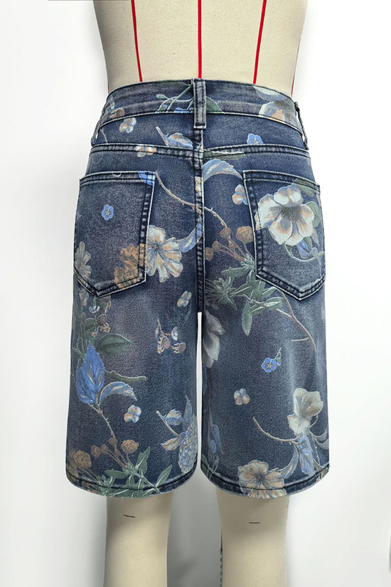 Floral Print High-Waist Denim Shorts