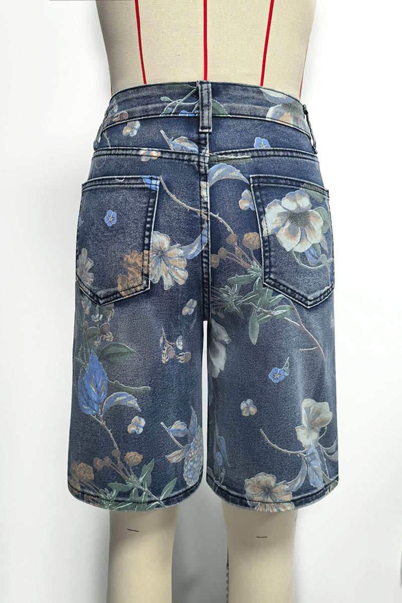 Floral Print High-Waist Denim Shorts