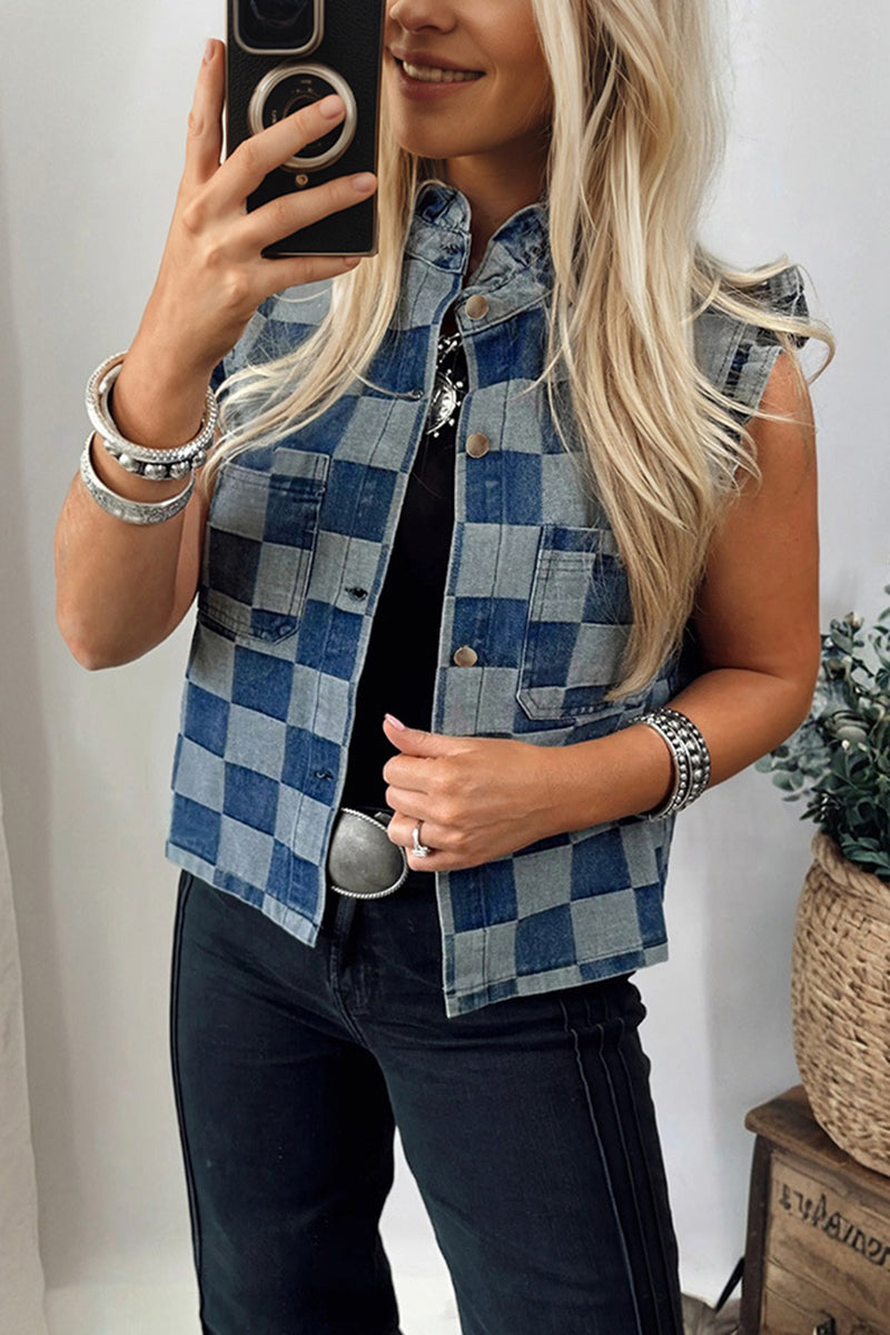 Checkered Sleeveless Denim Vest