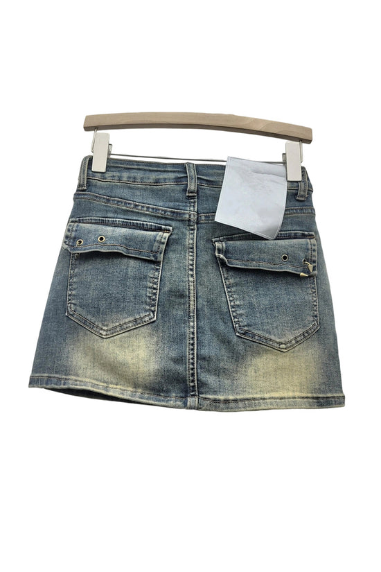 Denim Skirt with Plaid Bow Accent