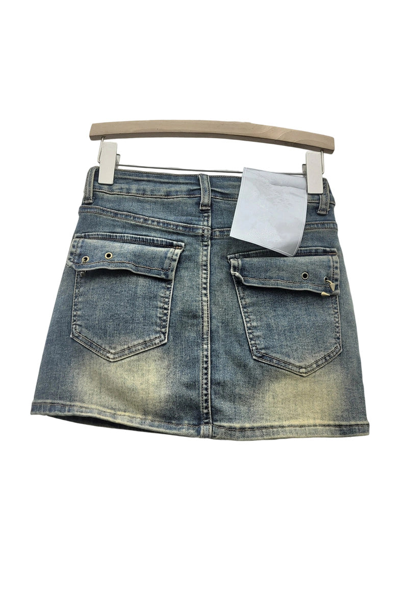 Denim Skirt with Plaid Bow Accent
