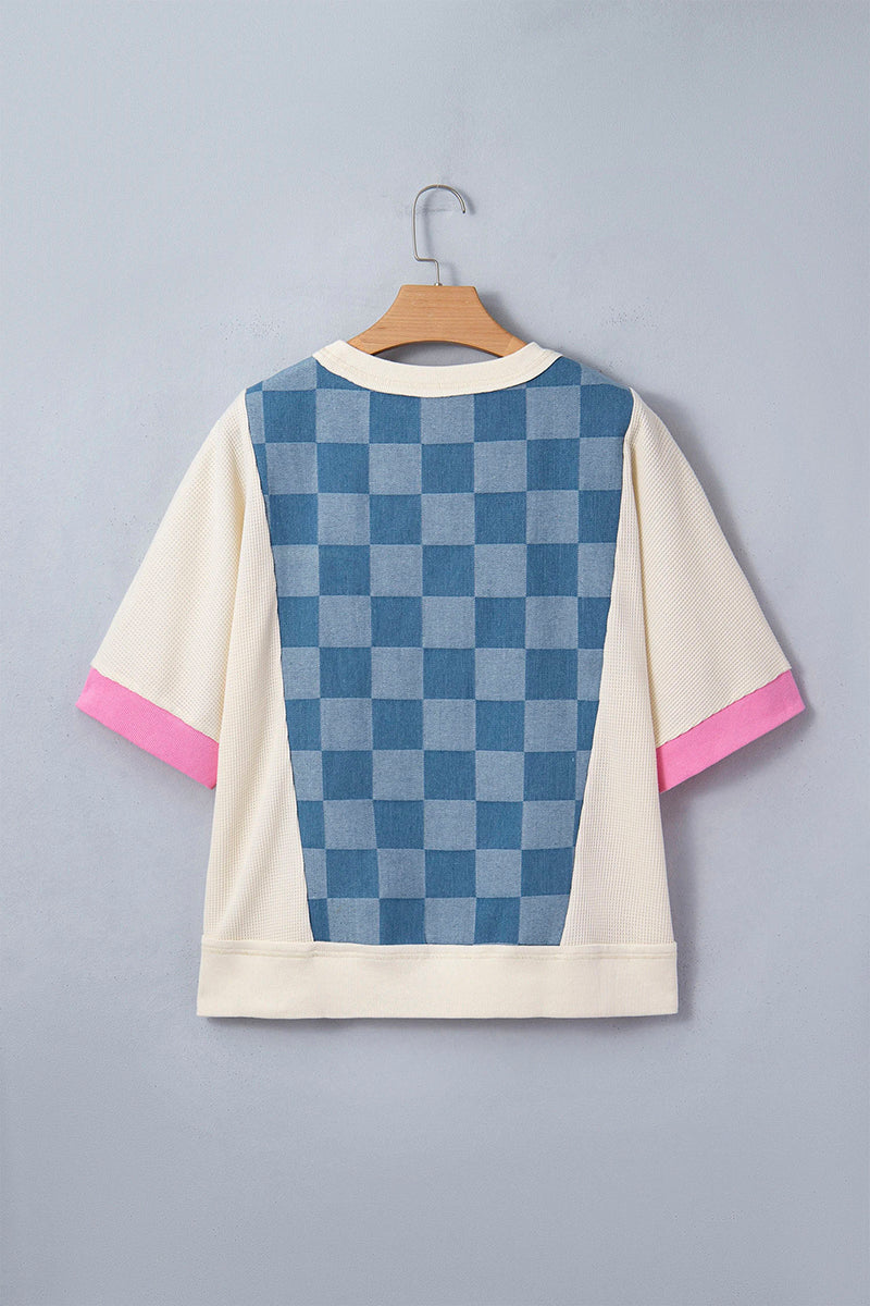 Checkered Patchwork Short Sleeve Top