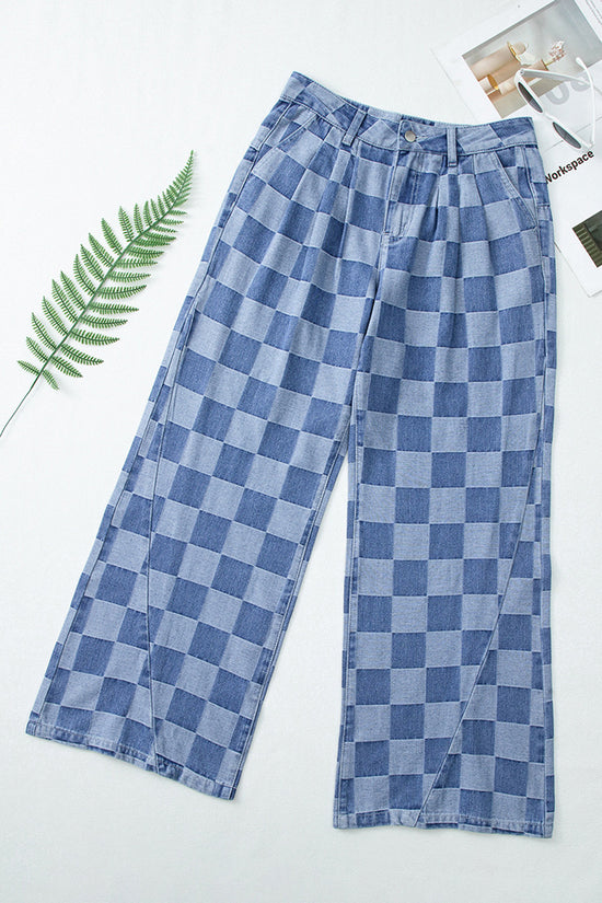 Checkered Straight-Leg Denim Jeans