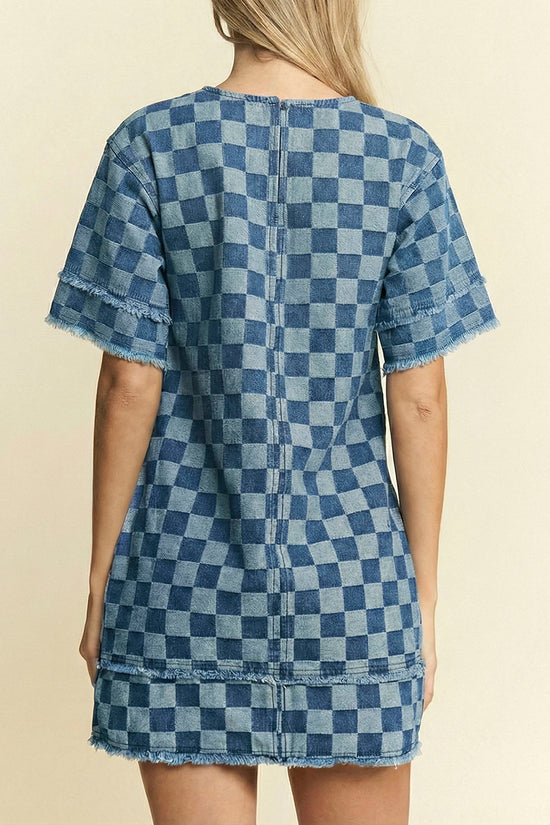 Frayed Hem Checkered Mini Dress