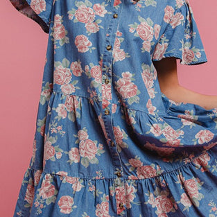 Floral Button-Up Denim Dress