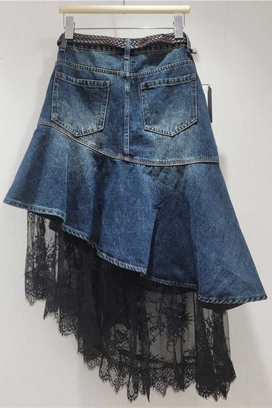 Asymmetric Denim Skirt with Lace Detail