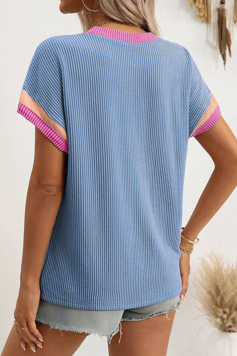 Casual Short Sleeve Ribbed Tee