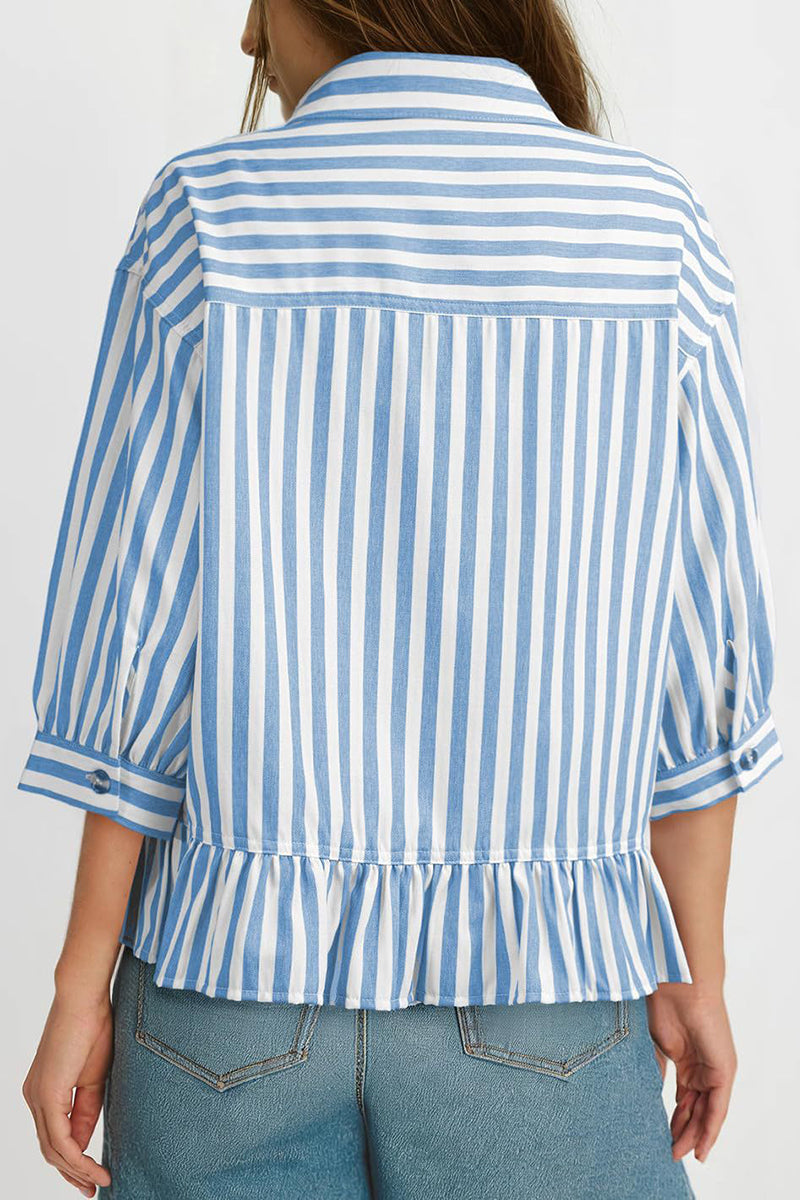 Striped Ruffle Hem Button-Up Blouse