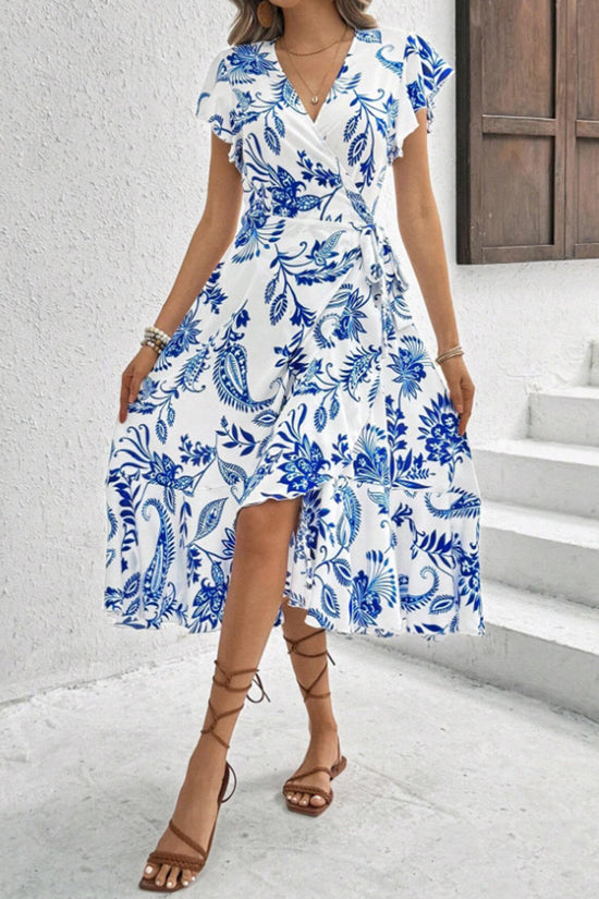 V-Neck Printed Ruffle Tie Waist Dress