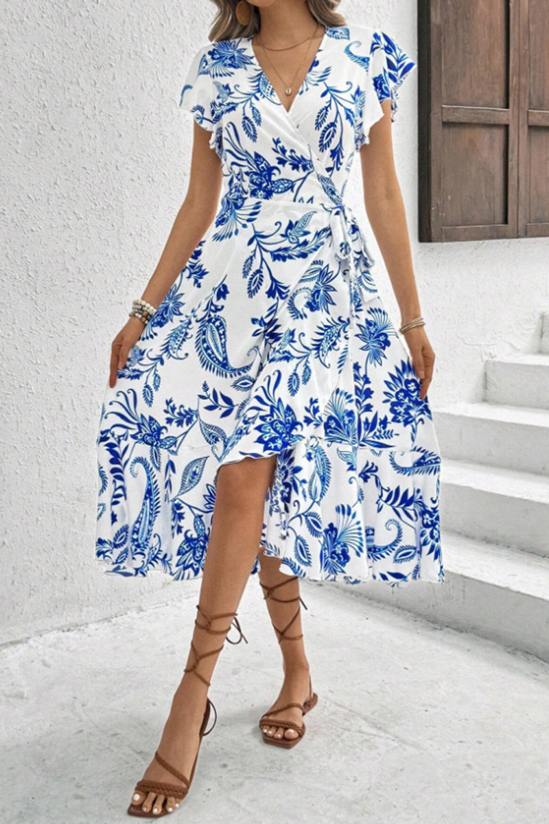 V-Neck Printed Ruffle Tie Waist Dress