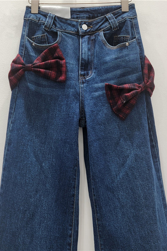 Bow-Accent Straight Leg Denim Pants