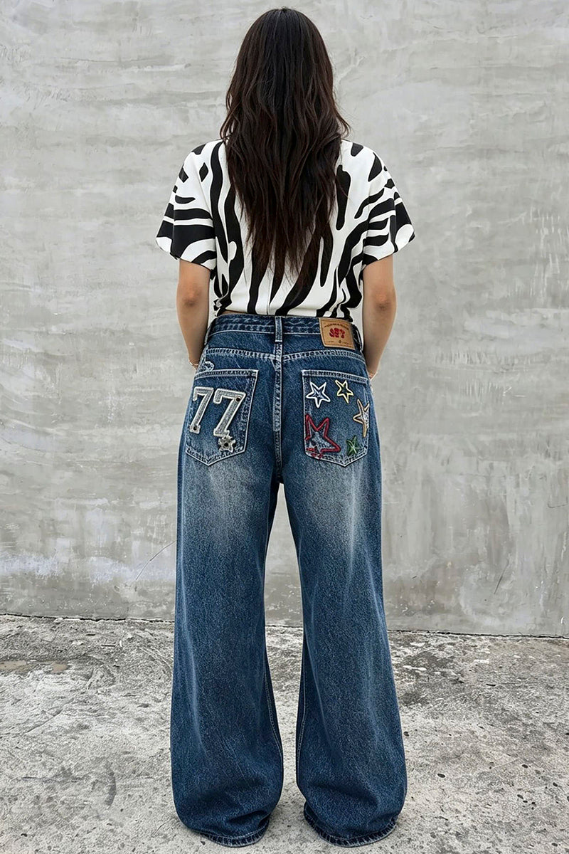 Star Print Straight Leg Jean