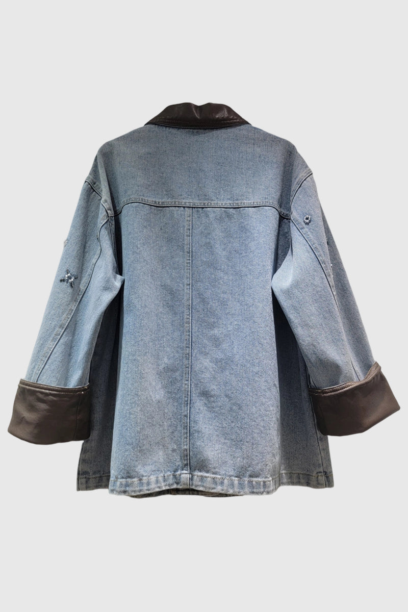 Embellished Denim Jacket with Contrast Collar