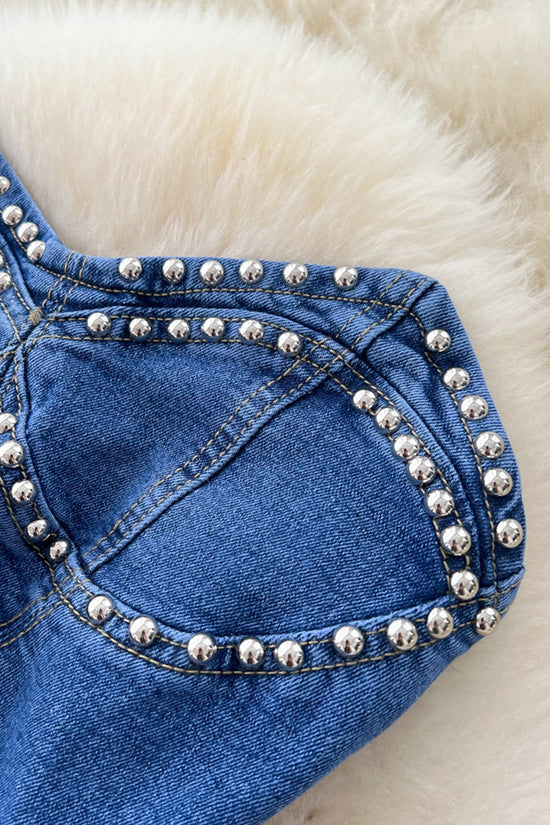 Studded Denim Strapless Long Dress