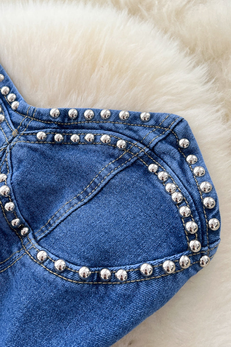 Studded Denim Strapless Long Dress