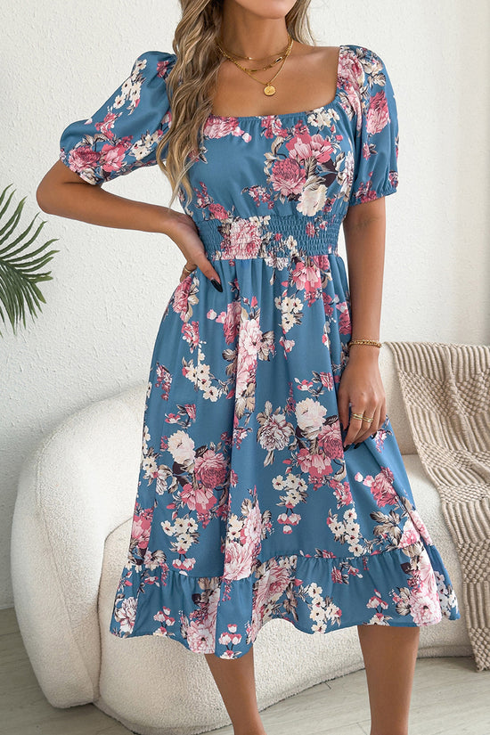 Off-Shoulder Floral Puff Sleeve Dress