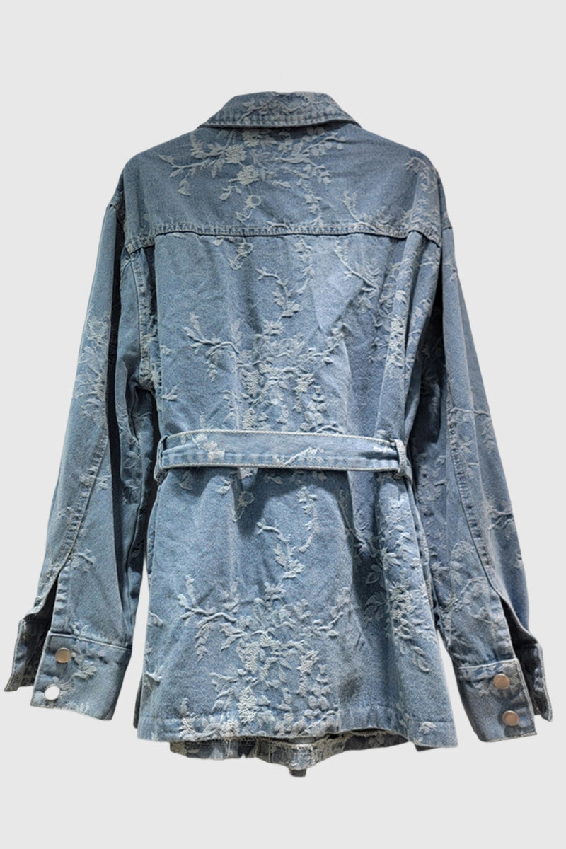 Floral Patterned Denim Jacket with Belt