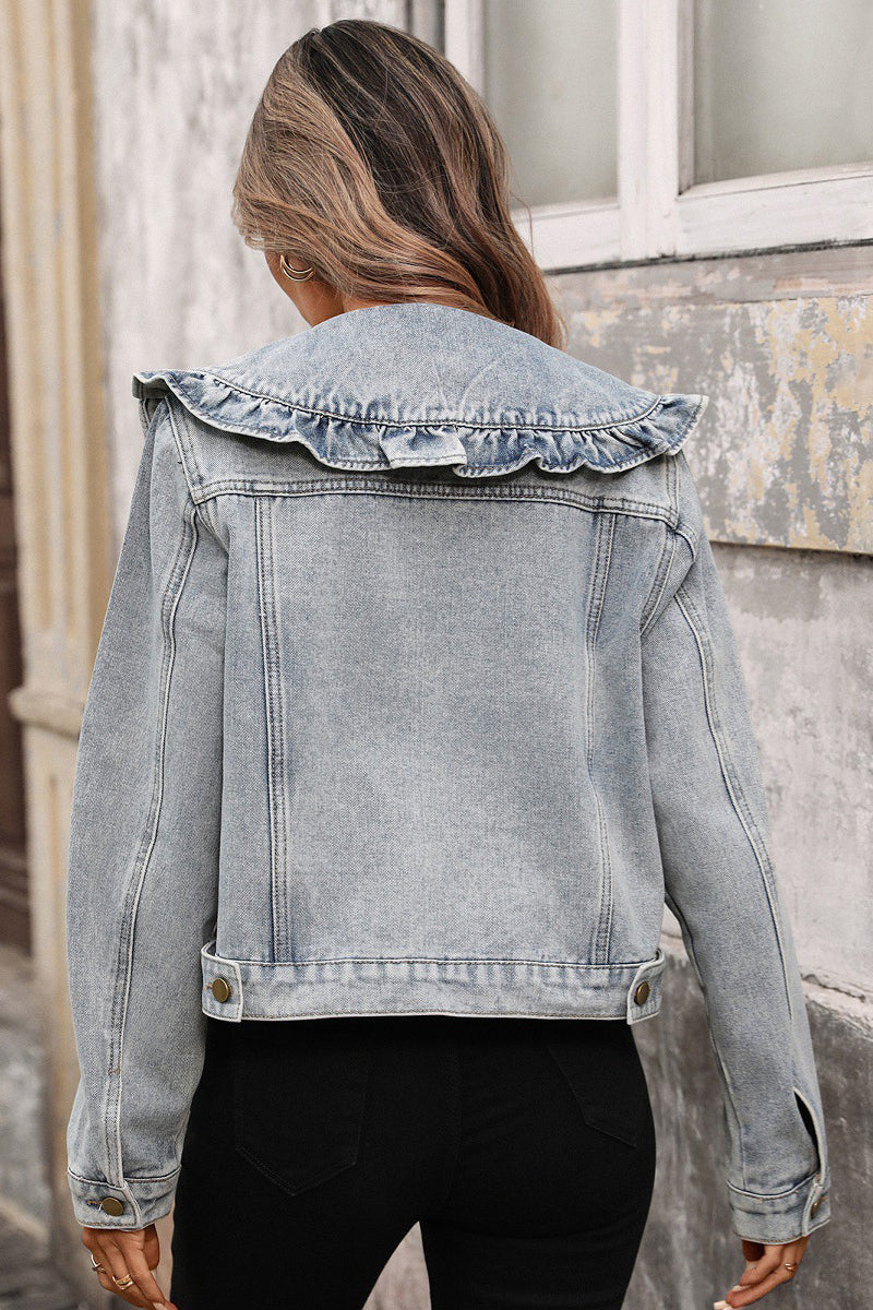 Stylish Ruffle Collar Denim Jacket