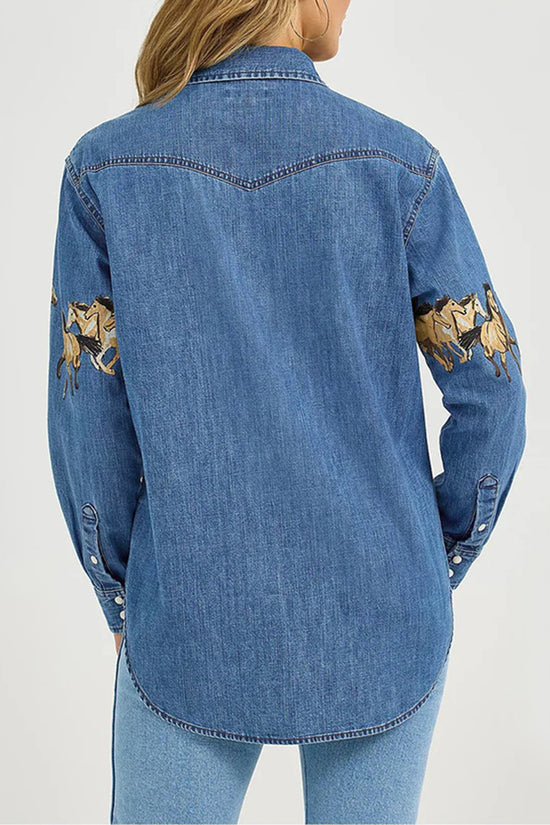 Horse Print Button-Up Denim Jacket