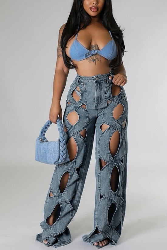Cut-Out Detail Straight Leg Jeans