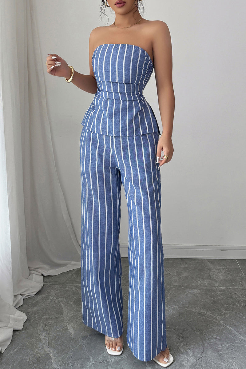 Striped Strapless High-Waisted Pants Set