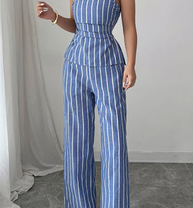 Striped Strapless High-Waisted Pants Set