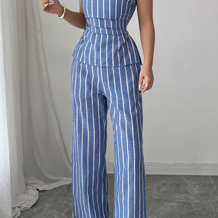 Striped Strapless High-Waisted Pants Set