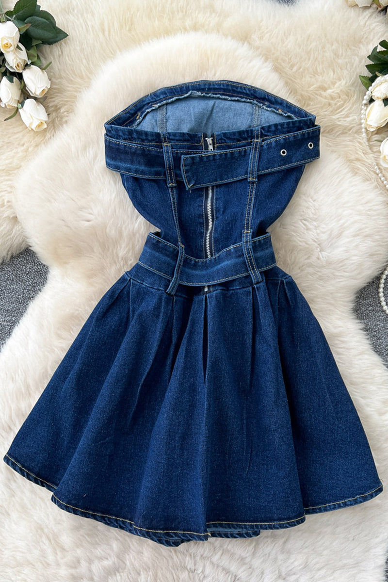 Strapless Denim Belted Dress