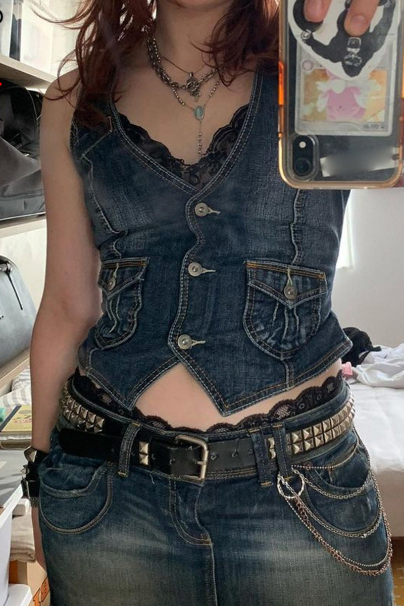 Buttoned Denim Sleeveless Vest