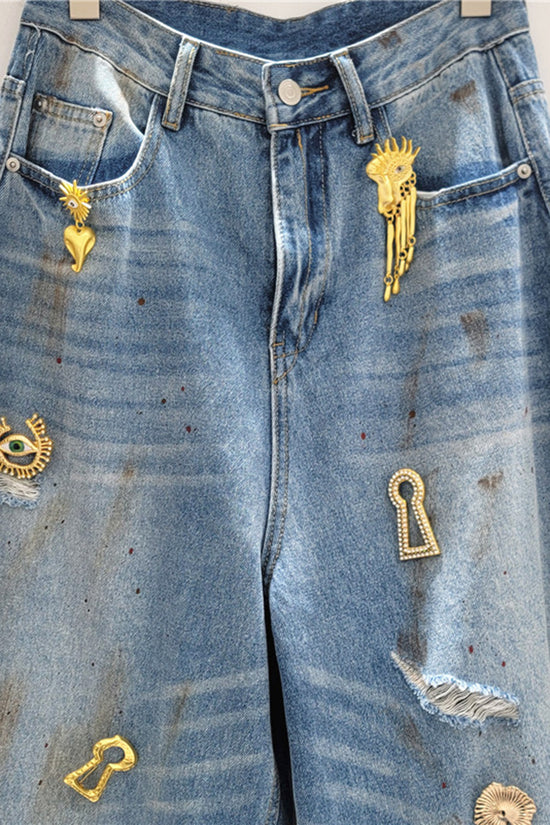 Embellished Distressed Barrel Jeans