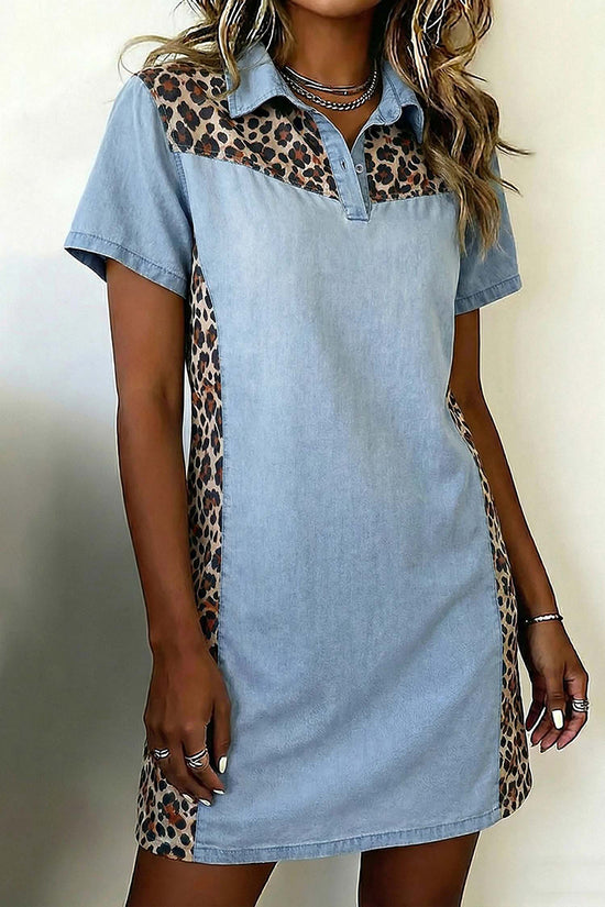 Denim Block Leopard Patchwork Shirt Collar Dress