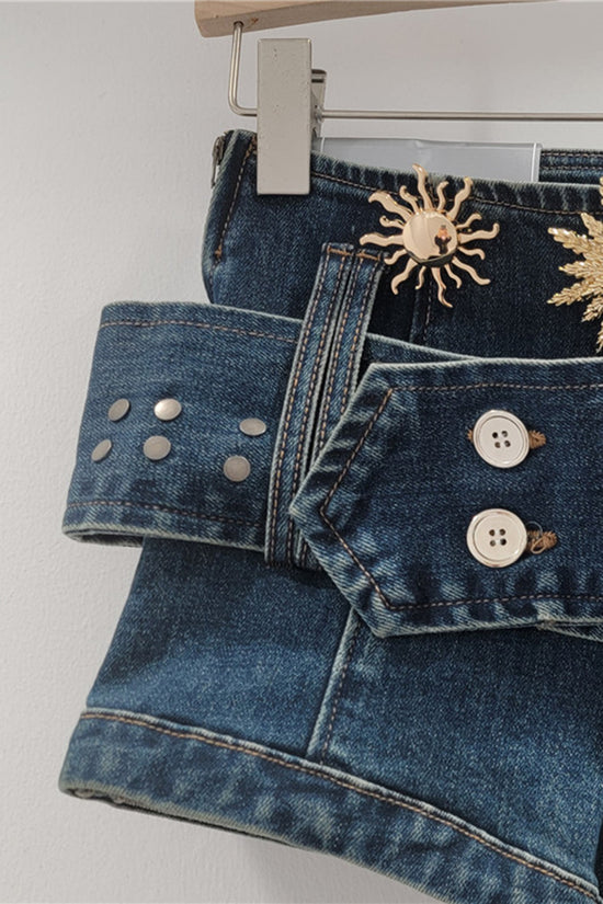 Embellished Denim Belted Shorts