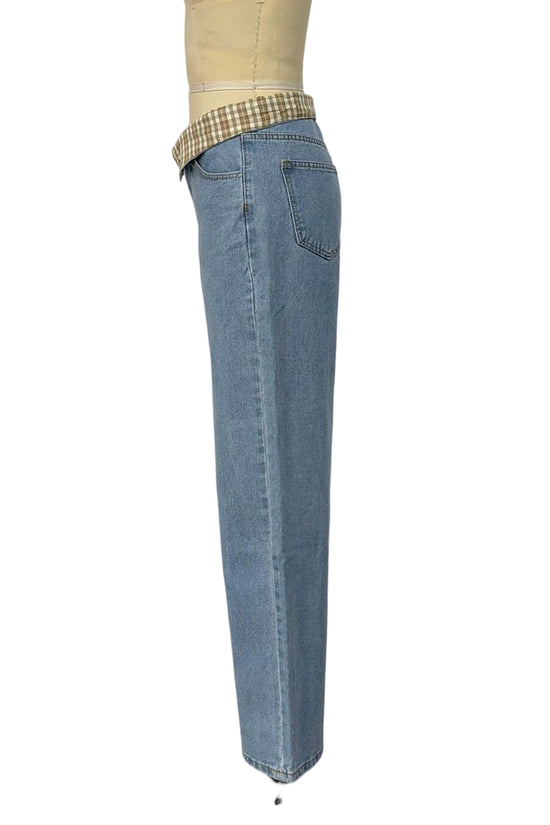Foldover Waist Straight Denim Jeans