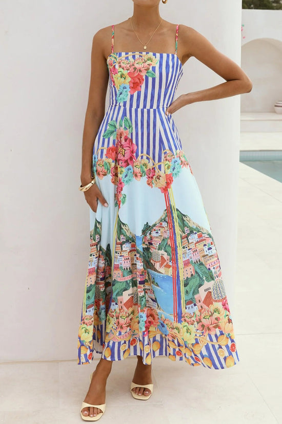 Floral Striped Spaghetti Strap Maxi Dress