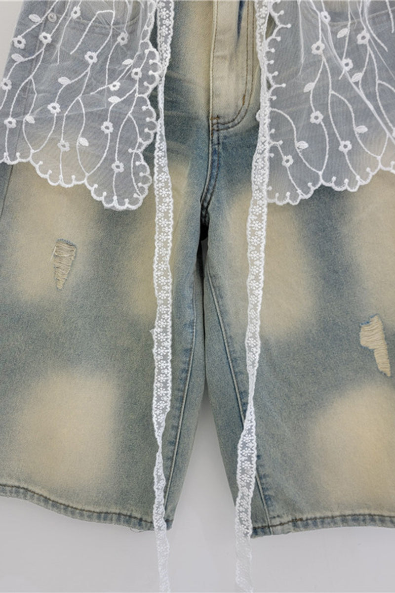 Lace-Trimmed Denim Shorts